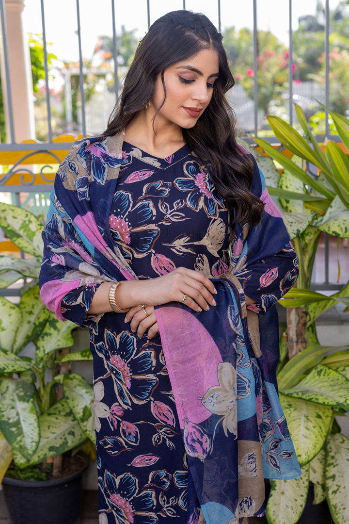 Trendy Cotton Fabric Navy Blue Color Readymade Salwar Suit