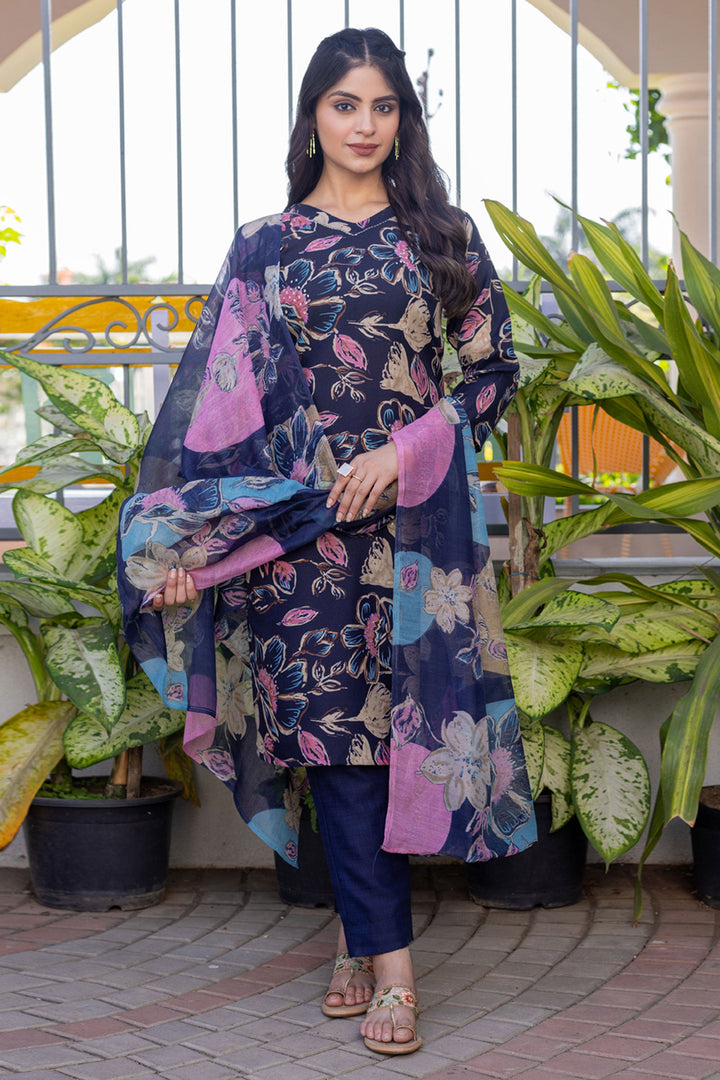 Trendy Cotton Fabric Navy Blue Color Readymade Salwar Suit
