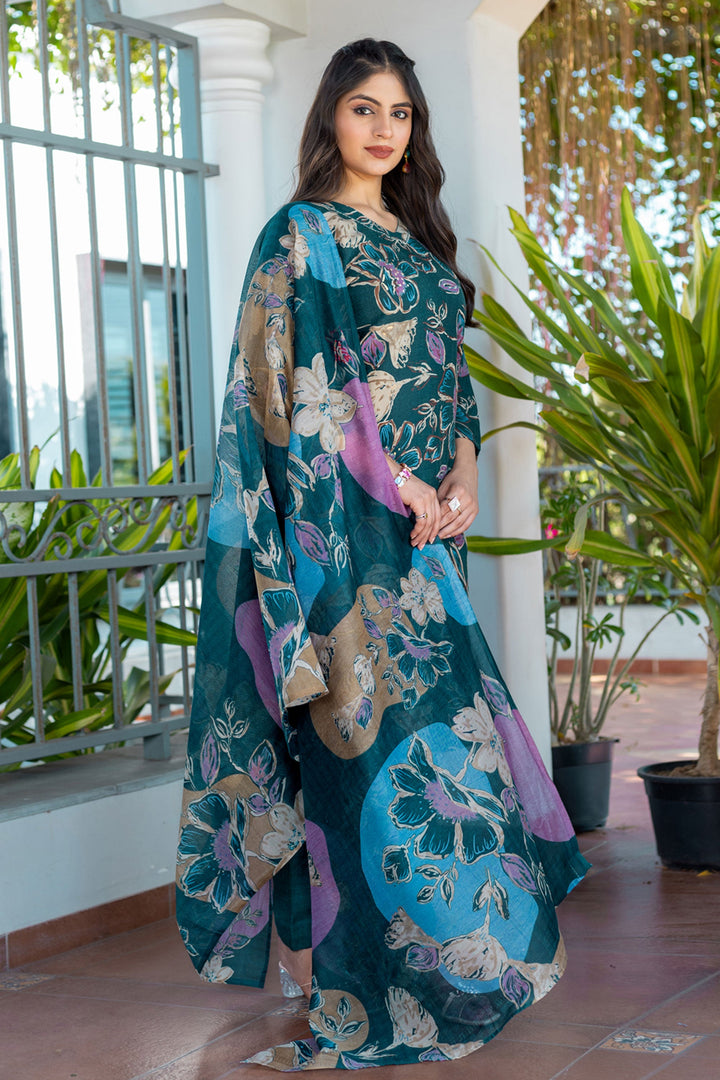 Teal Color Exquisite Readymade Salwar Suit In Cotton Fabric