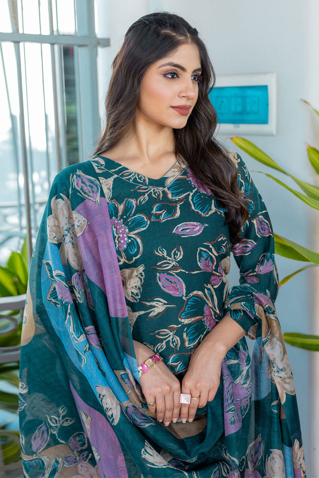 Teal Color Exquisite Readymade Salwar Suit In Cotton Fabric