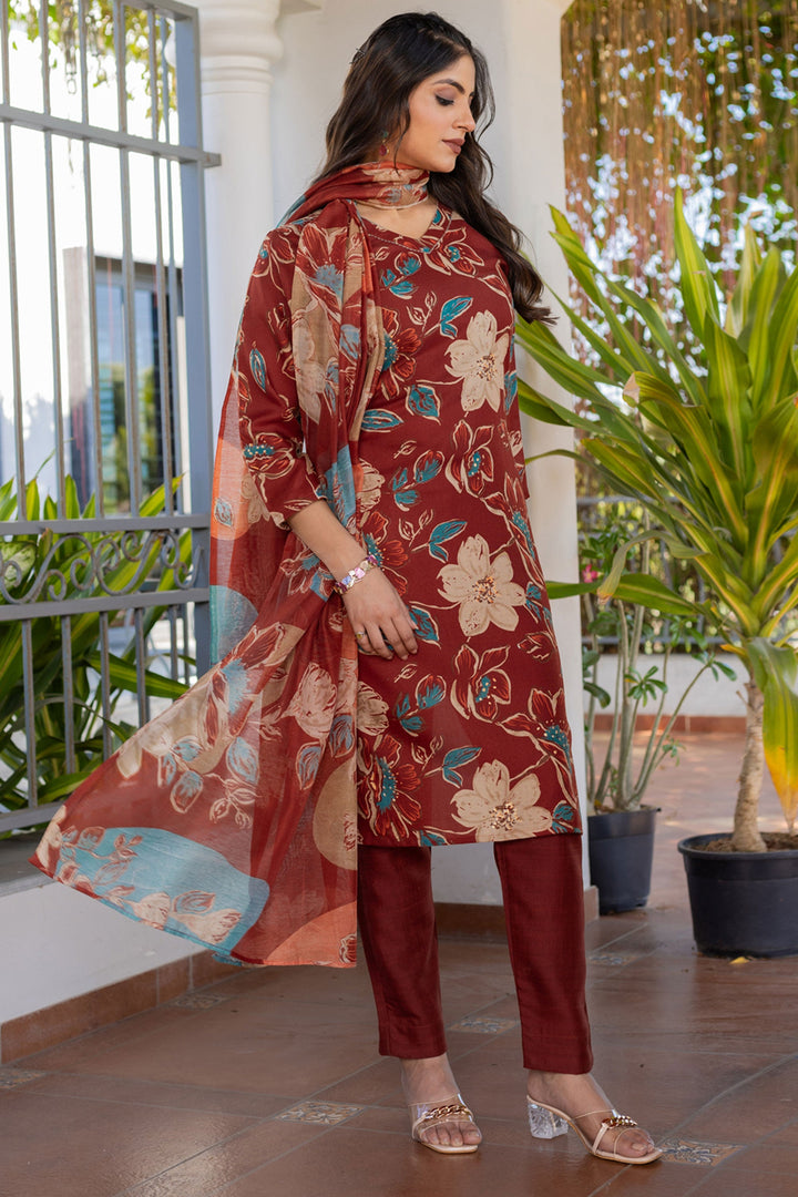 Attrective Cotton Fabric Rust Color Readymade Salwar Suit