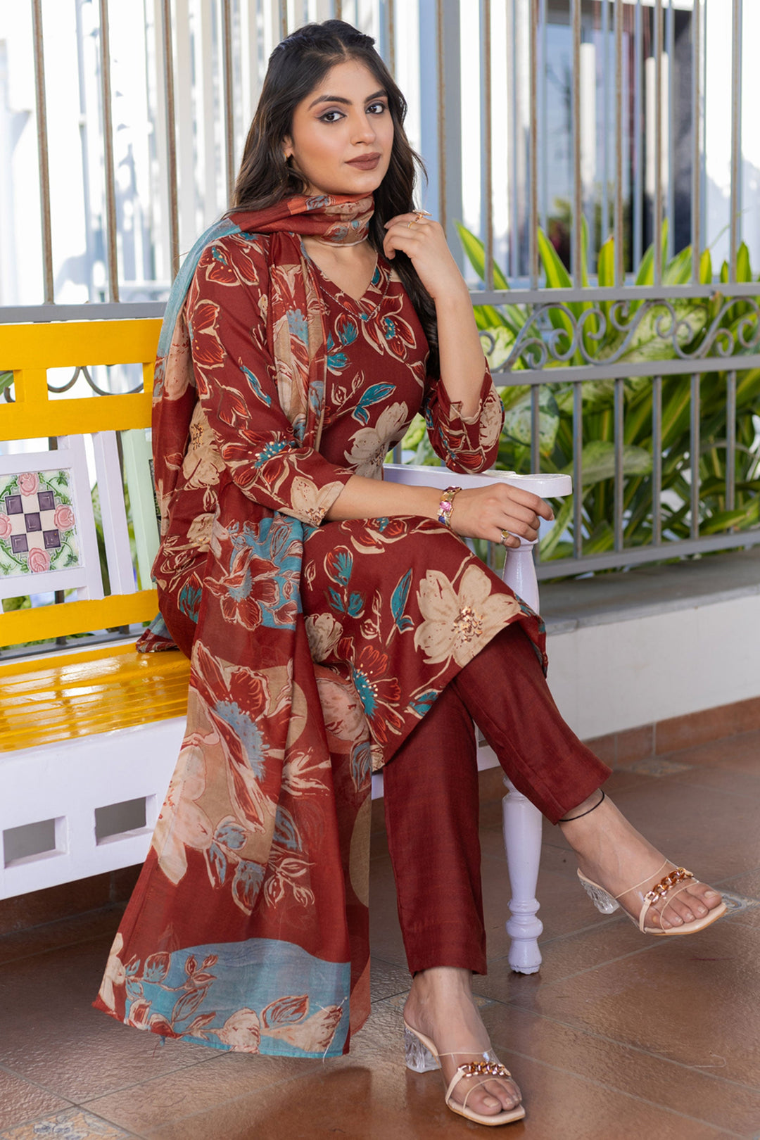 Attrective Cotton Fabric Rust Color Readymade Salwar Suit