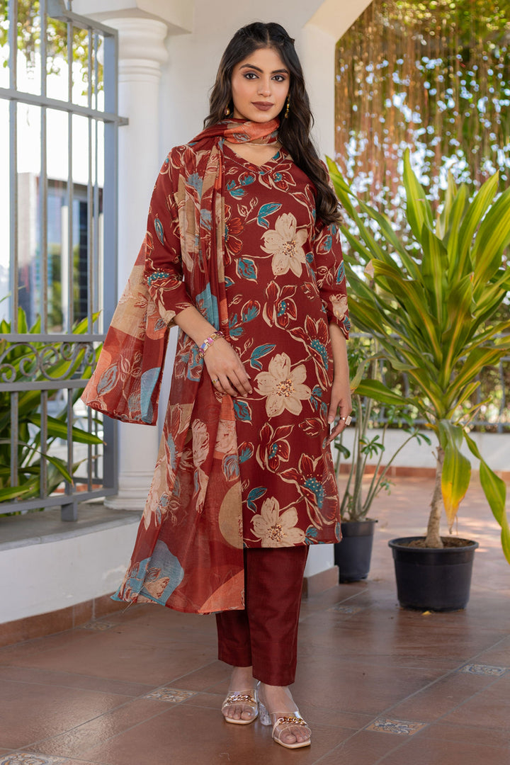 Attrective Cotton Fabric Rust Color Readymade Salwar Suit