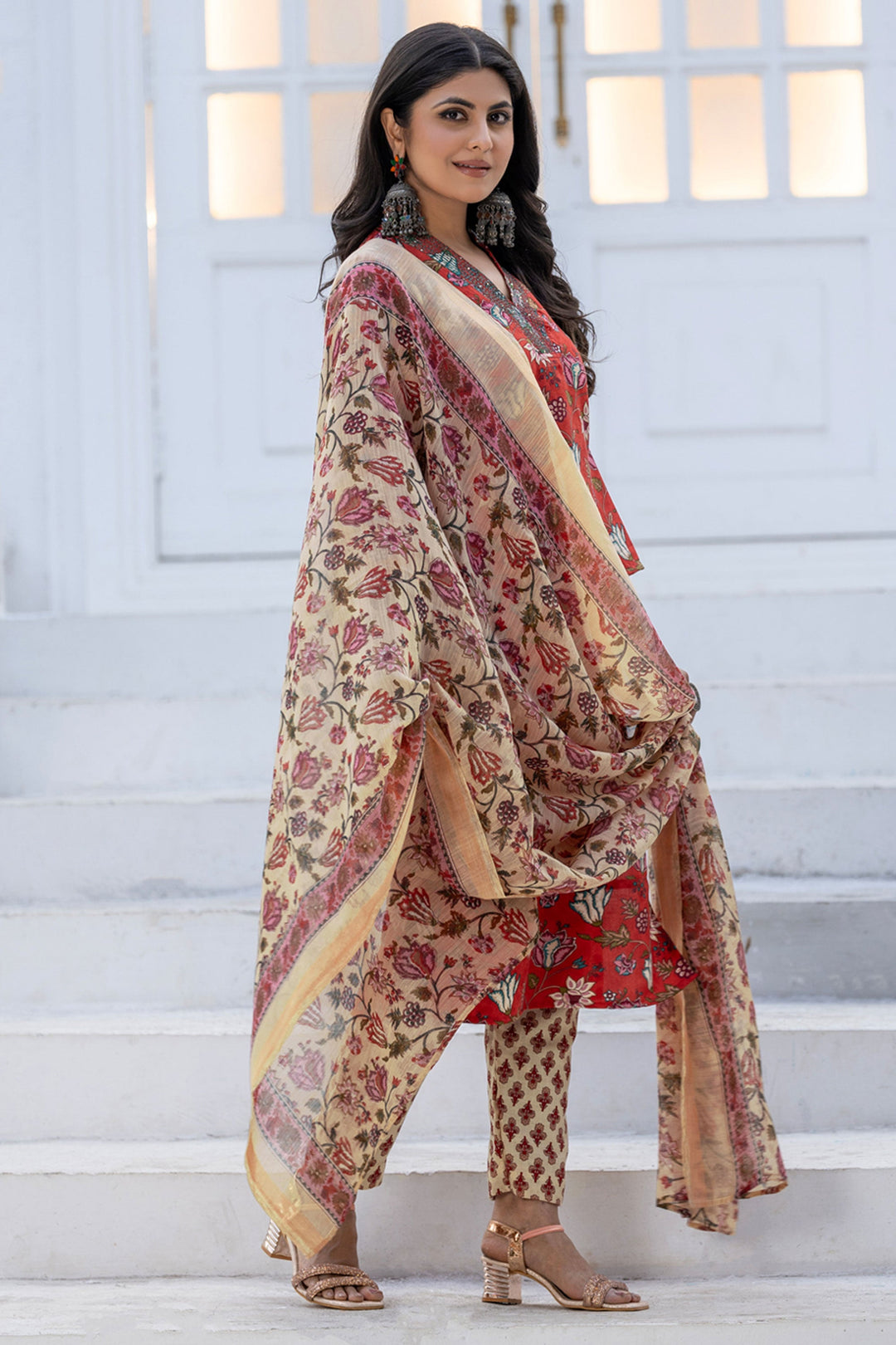 Red Festive Wear Rayon Floral Printed Readymade Salwar Suit