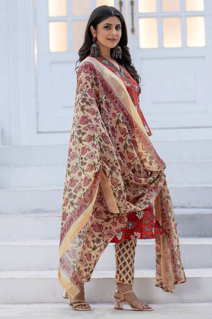 Red Festive Wear Rayon Floral Printed Readymade Salwar Suit