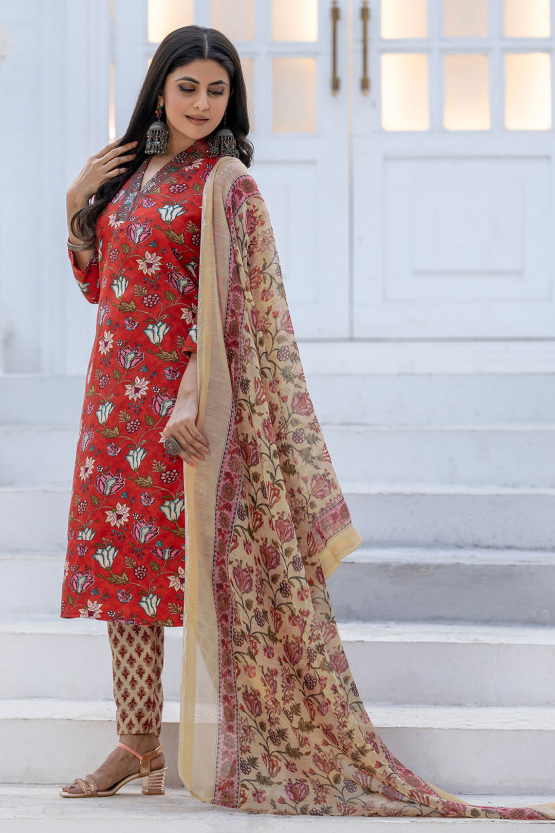 Red Festive Wear Rayon Floral Printed Readymade Salwar Suit