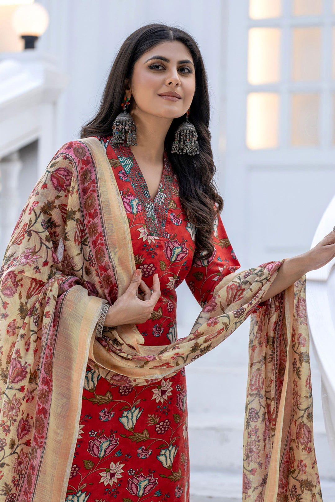 Red Festive Wear Rayon Floral Printed Readymade Salwar Suit