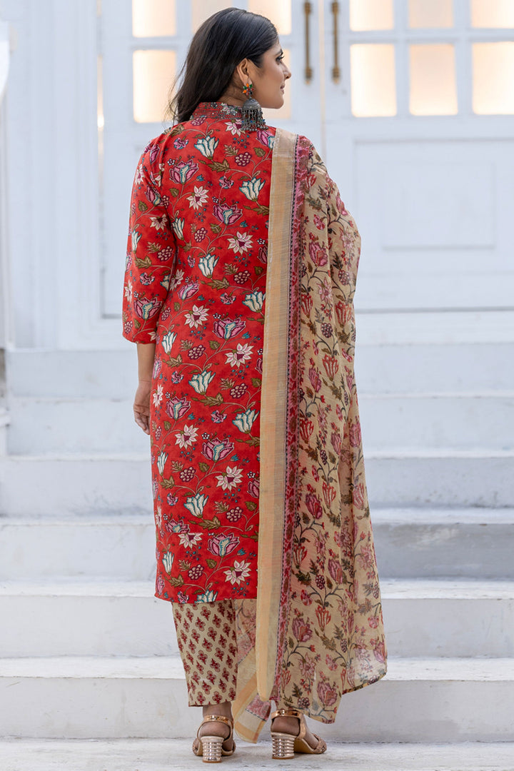 Red Festive Wear Rayon Floral Printed Readymade Salwar Suit