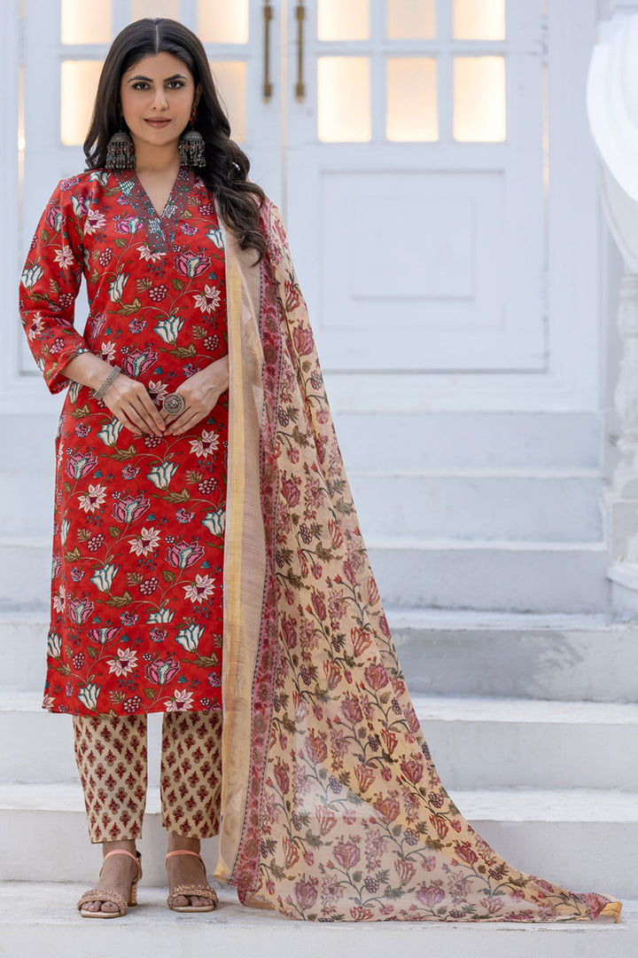Red Festive Wear Rayon Floral Printed Readymade Salwar Suit