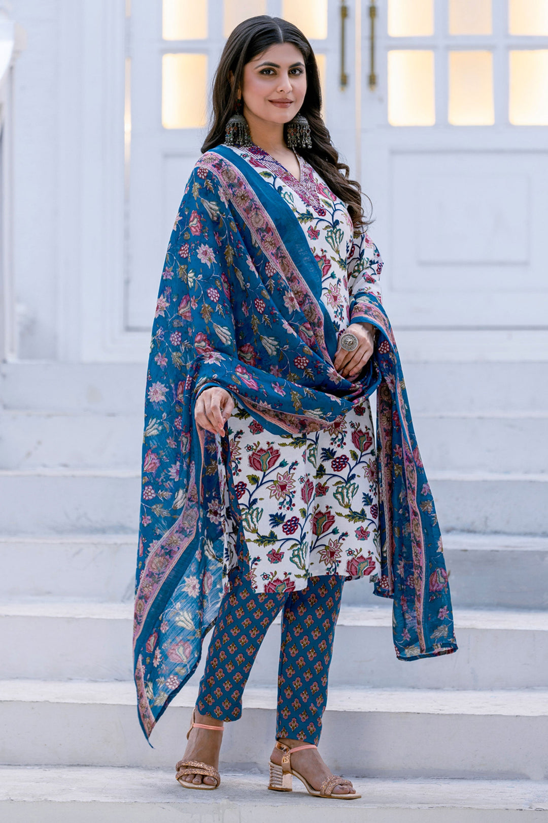 Floral Printed Rayon Fabric White Readymade Salwar Suit For Festive Wear