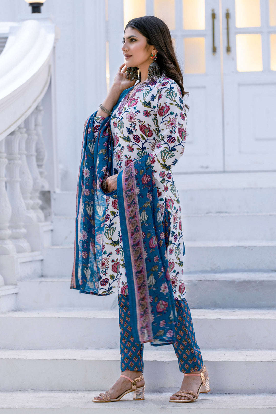 Floral Printed Rayon Fabric White Readymade Salwar Suit For Festive Wear