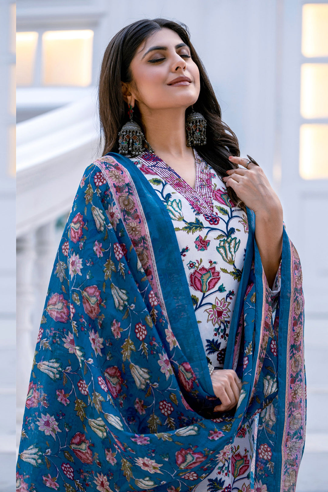 Floral Printed Rayon Fabric White Readymade Salwar Suit For Festive Wear