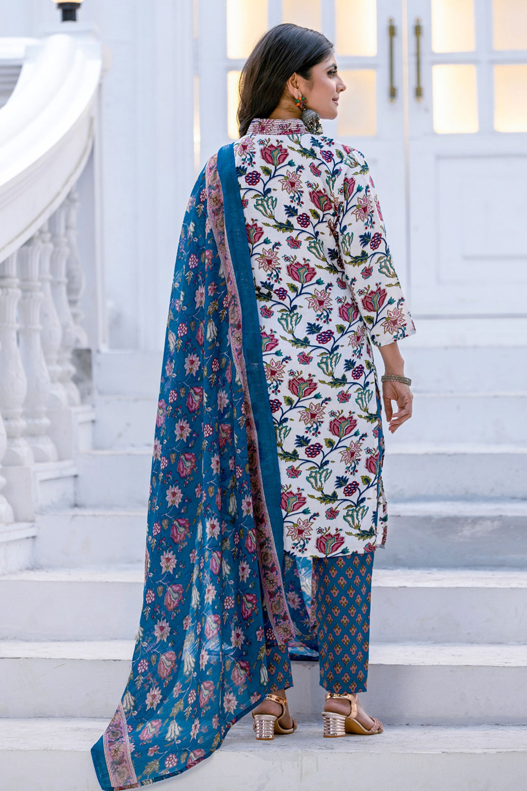 Floral Printed Rayon Fabric White Readymade Salwar Suit For Festive Wear