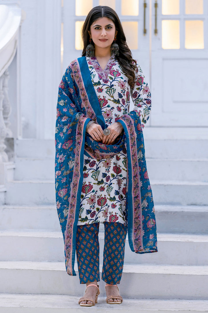 Floral Printed Rayon Fabric White Readymade Salwar Suit For Festive Wear