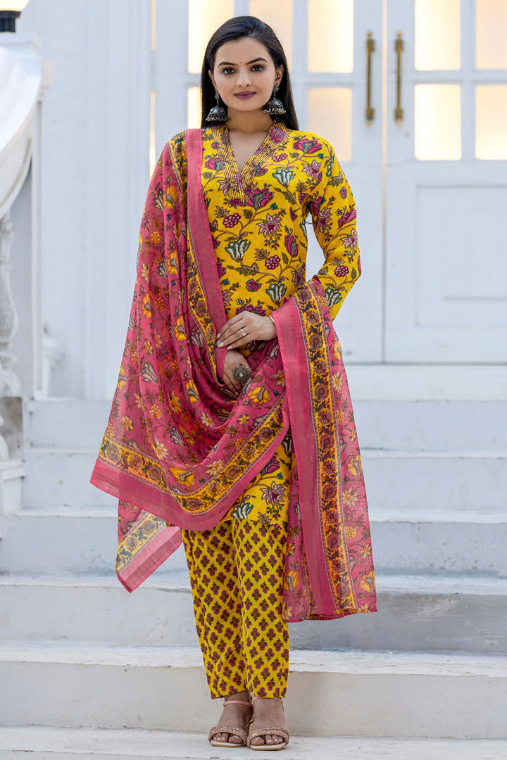 Yellow Festive Wear Rayon Floral Printed Readymade Salwar Suit