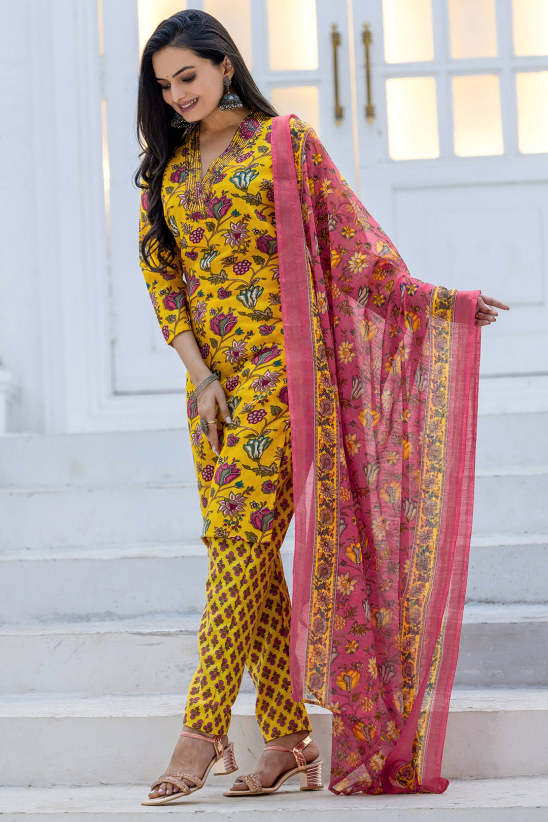 Yellow Festive Wear Rayon Floral Printed Readymade Salwar Suit