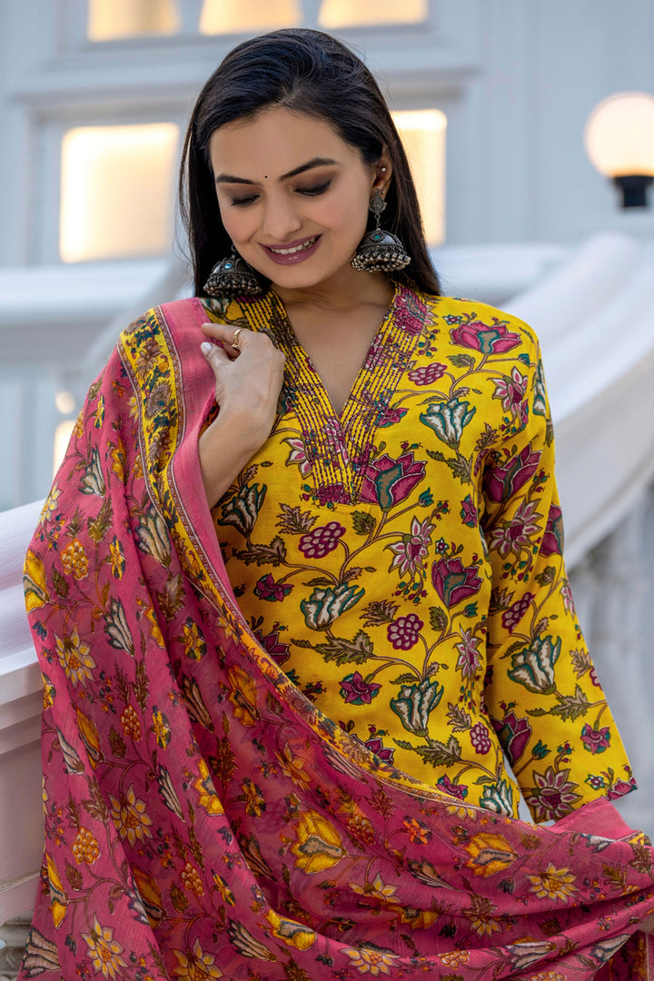 Yellow Festive Wear Rayon Floral Printed Readymade Salwar Suit