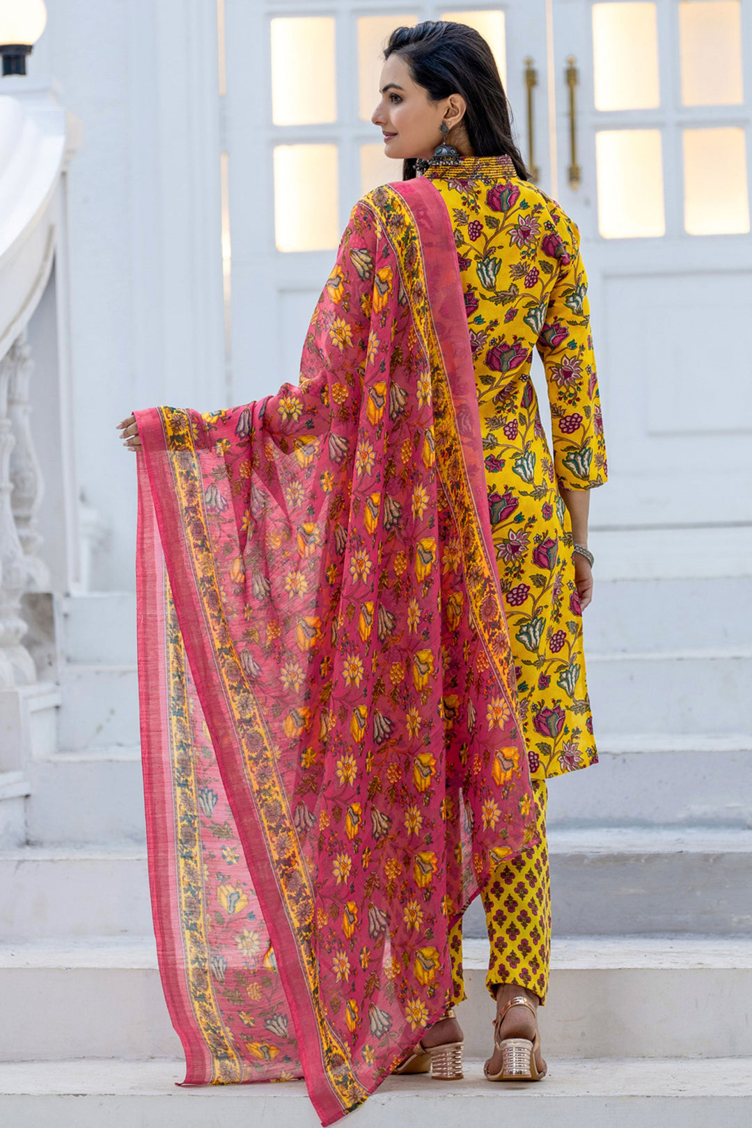 Yellow Festive Wear Rayon Floral Printed Readymade Salwar Suit