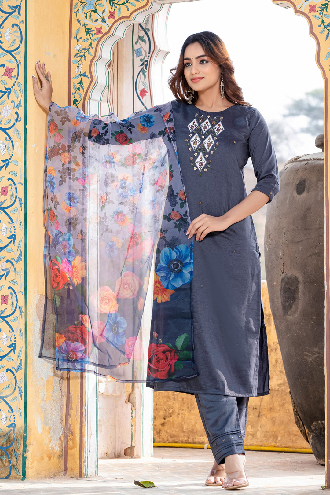 Trendy Silk Fabric Grey Color Readymade Salwar Suit | Buy Online India