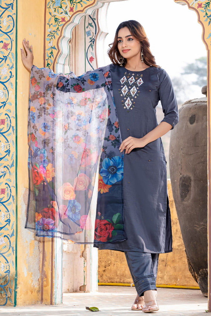Trendy Silk Fabric Grey Color Readymade Salwar Suit | Buy Online India