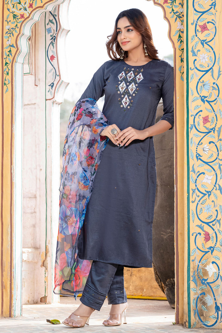 Trendy Silk Fabric Grey Color Readymade Salwar Suit | Buy Online India
