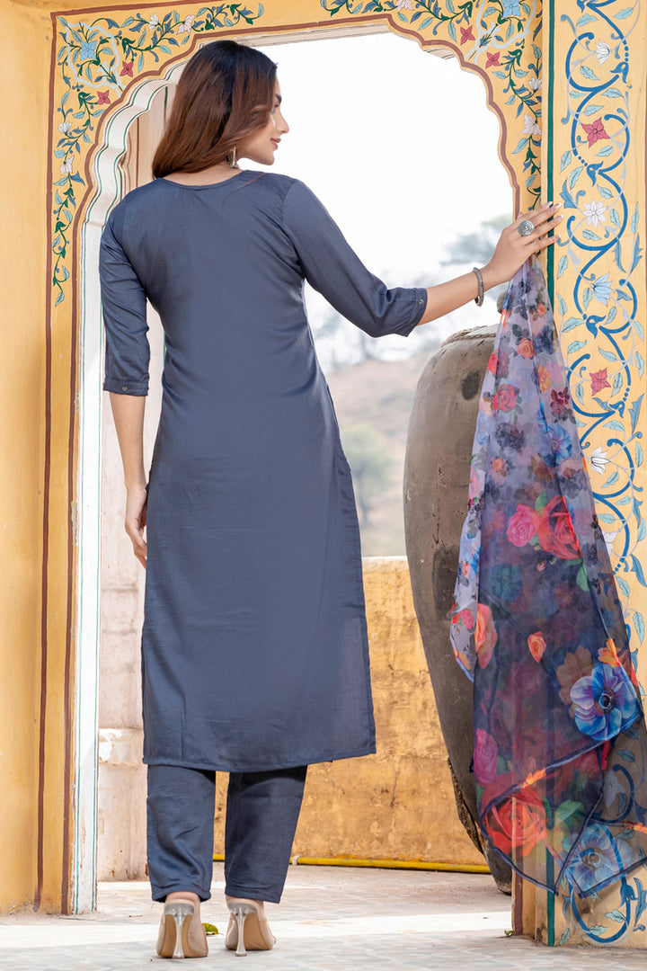Trendy Silk Fabric Grey Color Readymade Salwar Suit | Buy Online India