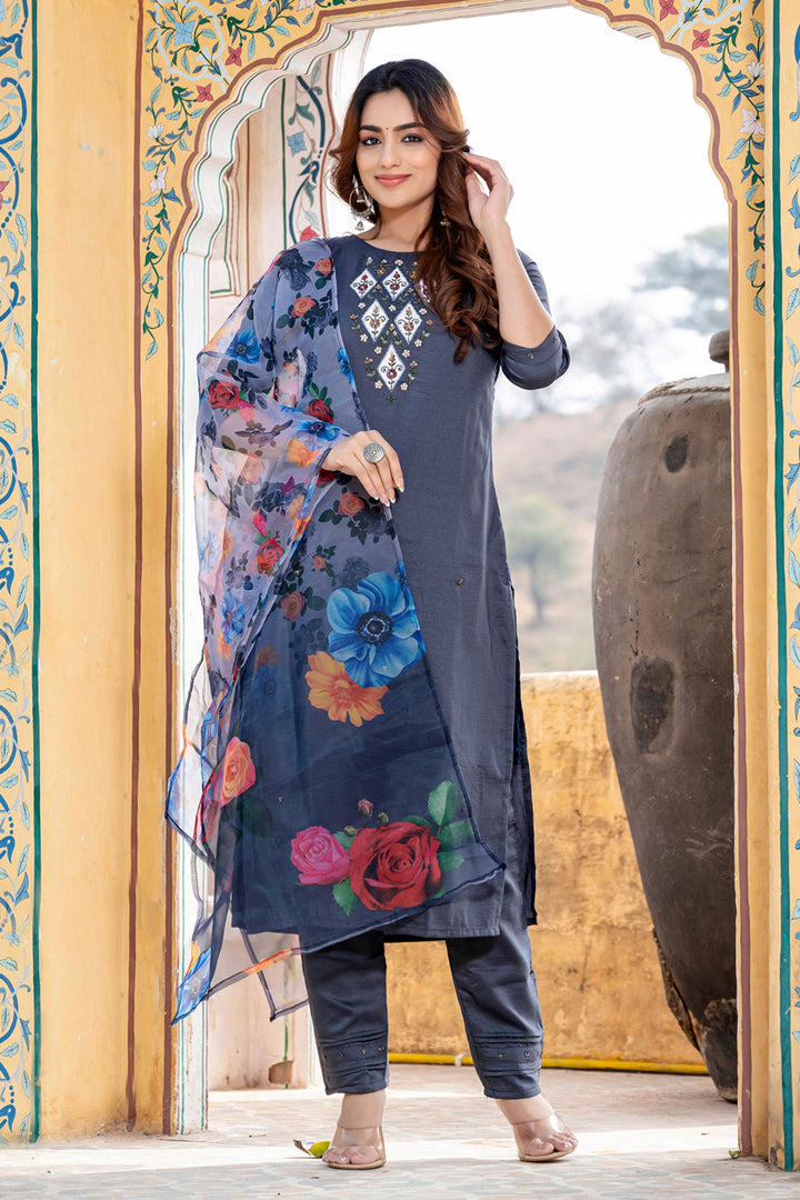 Trendy Silk Fabric Grey Color Readymade Salwar Suit | Buy Online India