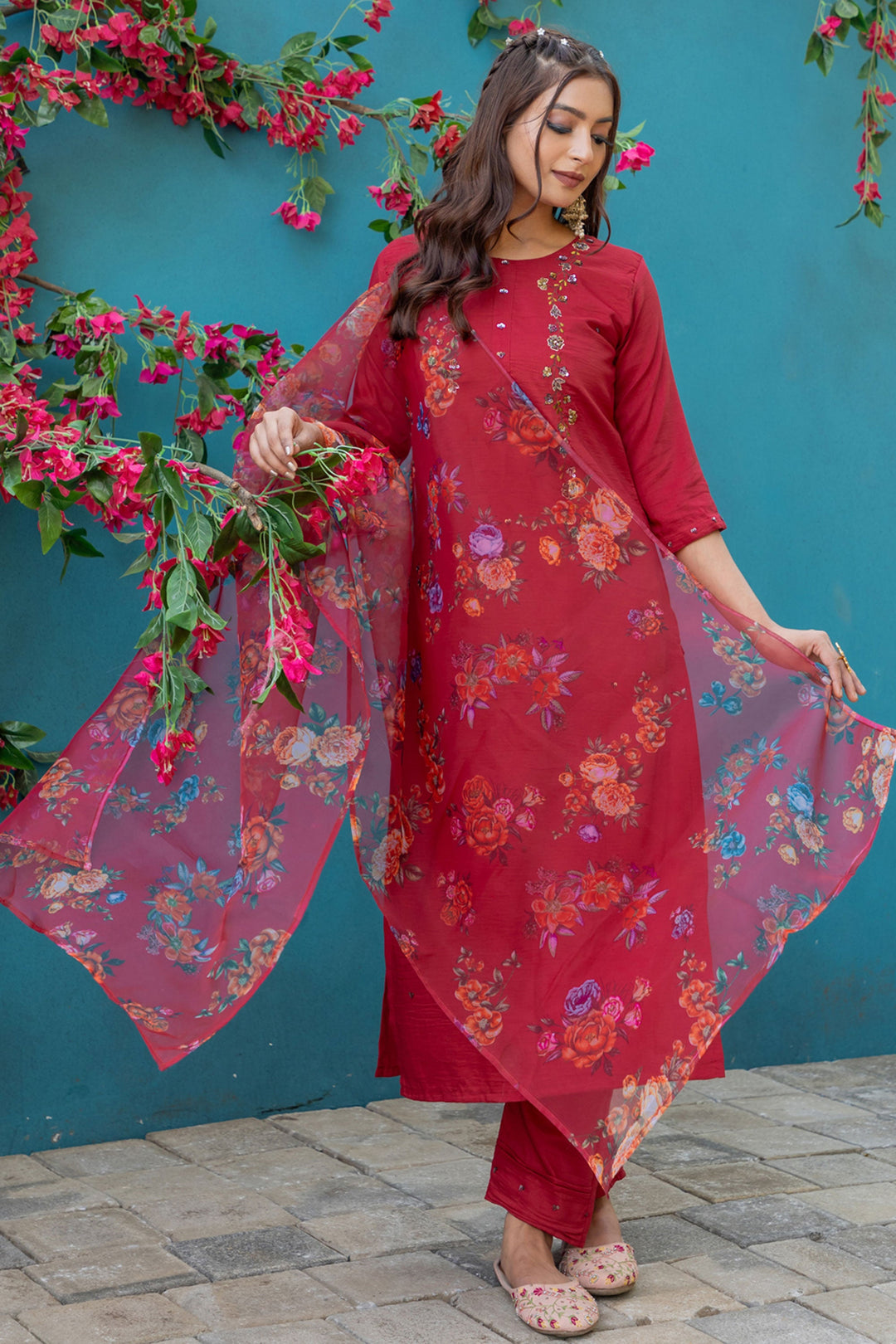 Trendy Red Color Readymade Salwar Suit In Silk Fabric