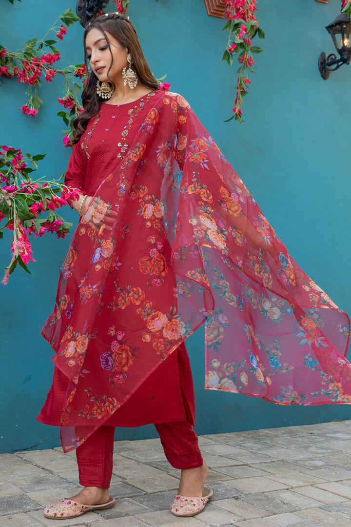Trendy Red Color Readymade Salwar Suit In Silk Fabric