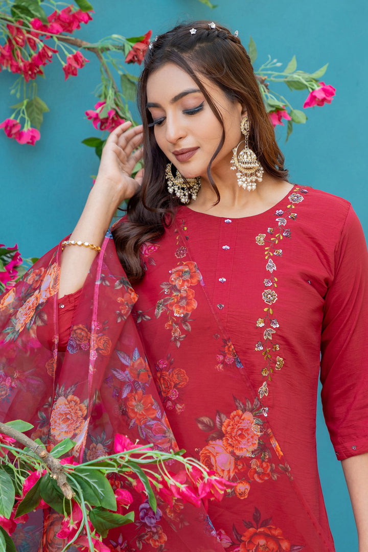 Trendy Red Color Readymade Salwar Suit In Silk Fabric