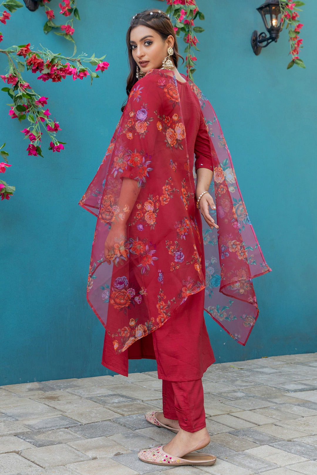 Trendy Red Color Readymade Salwar Suit In Silk Fabric