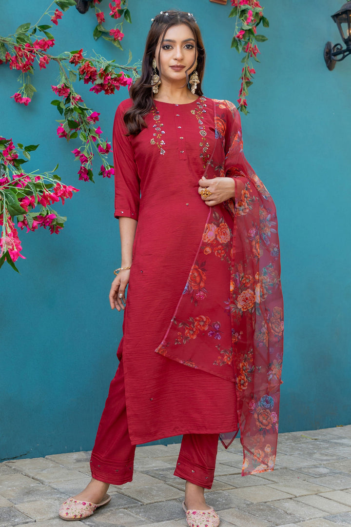 Trendy Red Color Readymade Salwar Suit In Silk Fabric