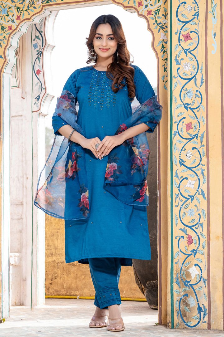 Blue Color Exquisite Readymade Salwar Suit In Silk Fabric