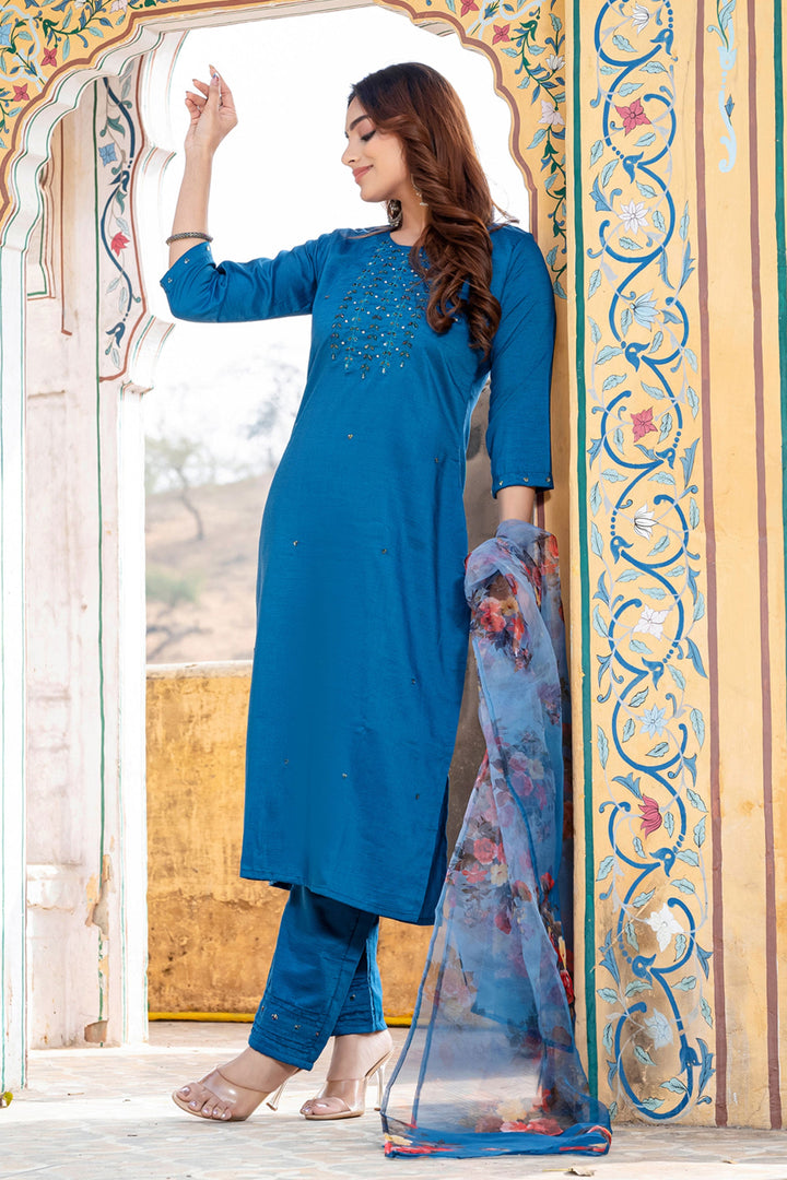 Blue Color Exquisite Readymade Salwar Suit In Silk Fabric