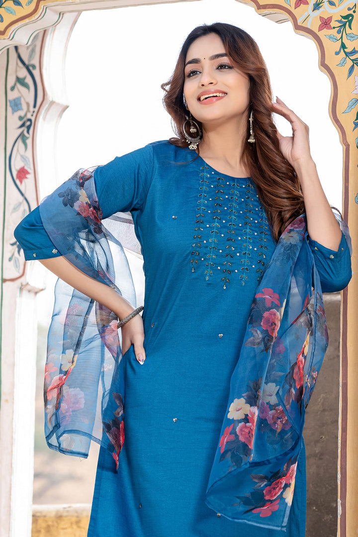 Blue Color Exquisite Readymade Salwar Suit In Silk Fabric