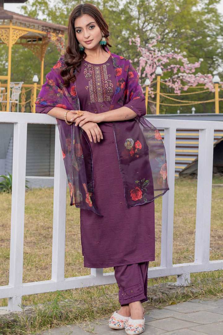 Attractive Silk Fabric Purple Color Readymade Salwar Suit
