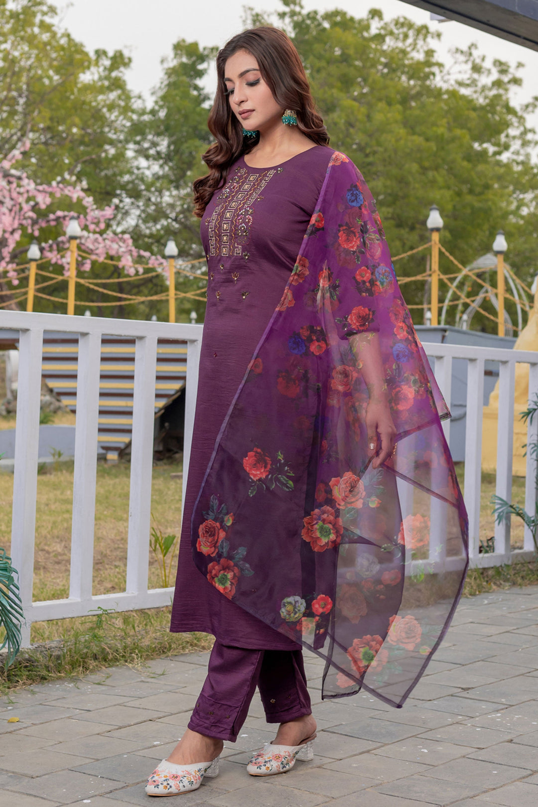 Attractive Silk Fabric Purple Color Readymade Salwar Suit