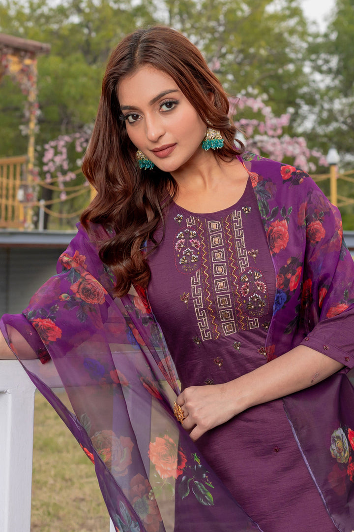 Attractive Silk Fabric Purple Color Readymade Salwar Suit