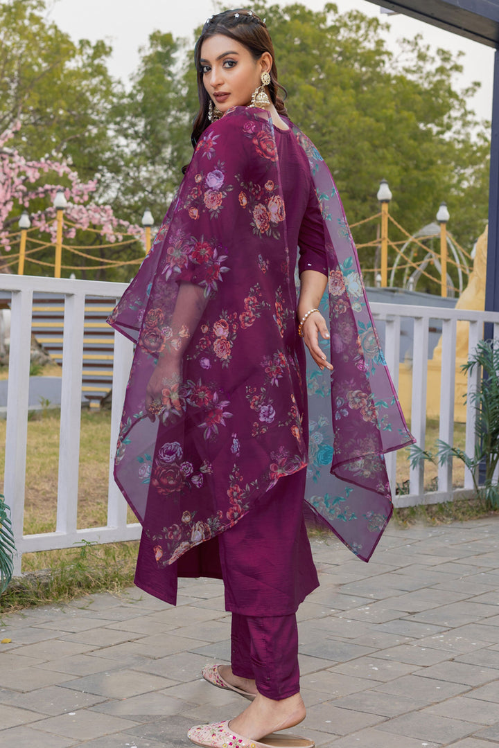 Attractive Silk Fabric Purple Color Readymade Salwar Suit