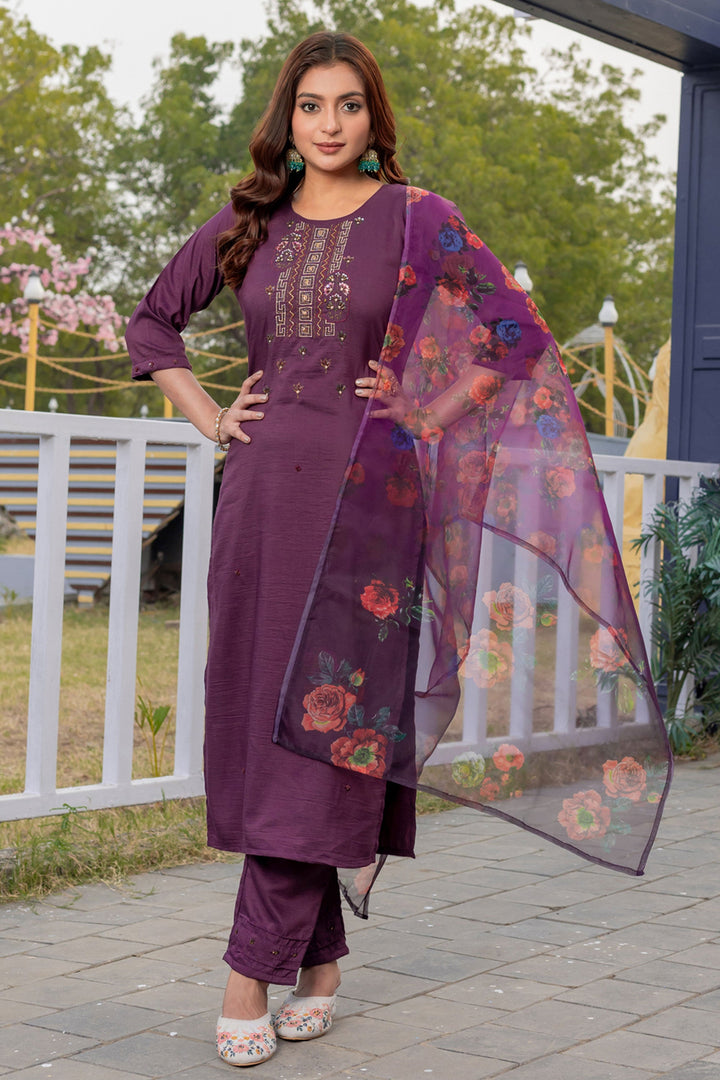 Attractive Silk Fabric Purple Color Readymade Salwar Suit
