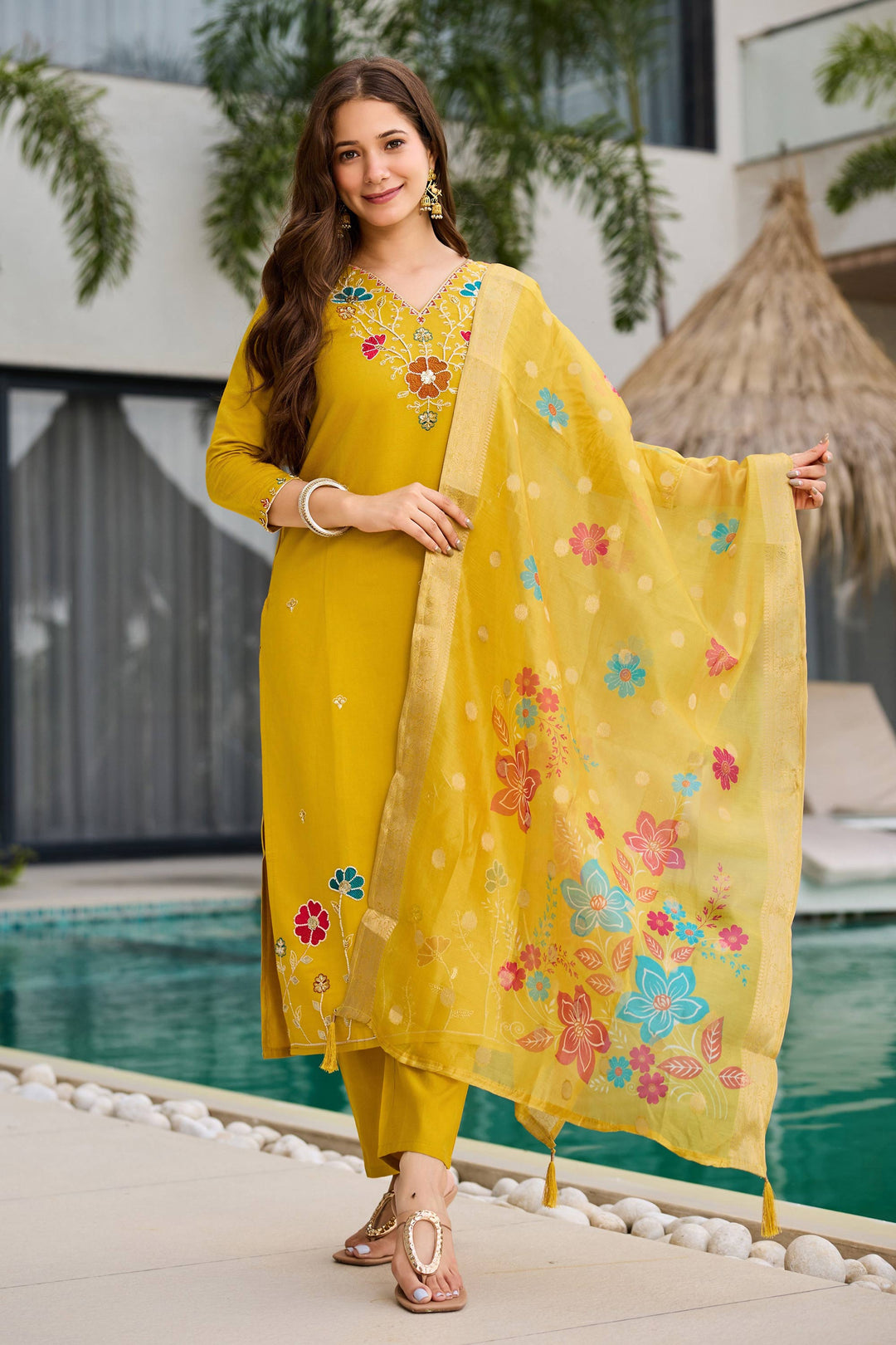 Mustard Festive Wear Viscose Embroidered Readymade Salwar Suit For Festive Wear | Buy Online India