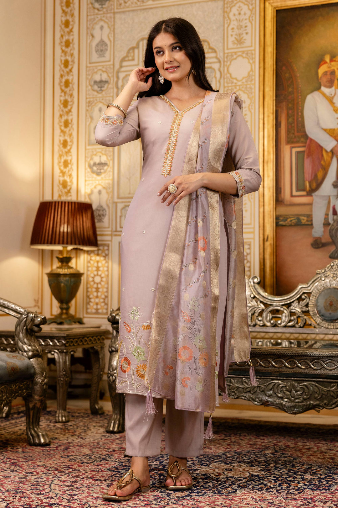 Cream Festive Wear Viscose Embroidered Readymade Salwar Suit | Buy Online India