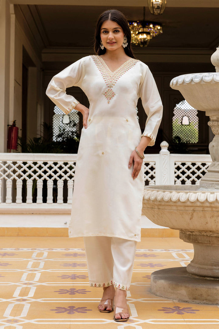 Viscose Embroidered Off White Festive Wear Readymade Salwar Suit | Buy Online India