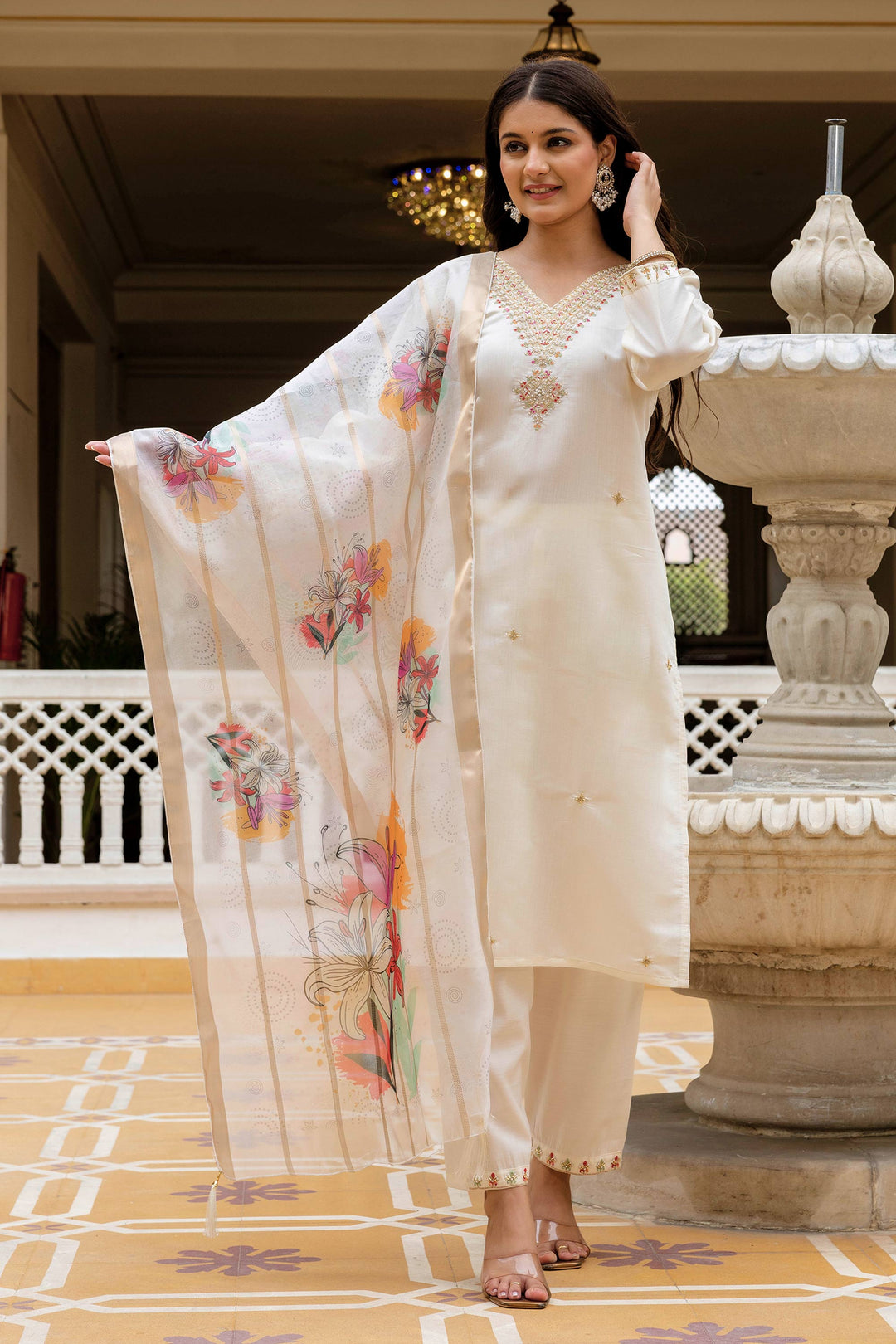 Viscose Embroidered Off White Festive Wear Readymade Salwar Suit | Buy Online India