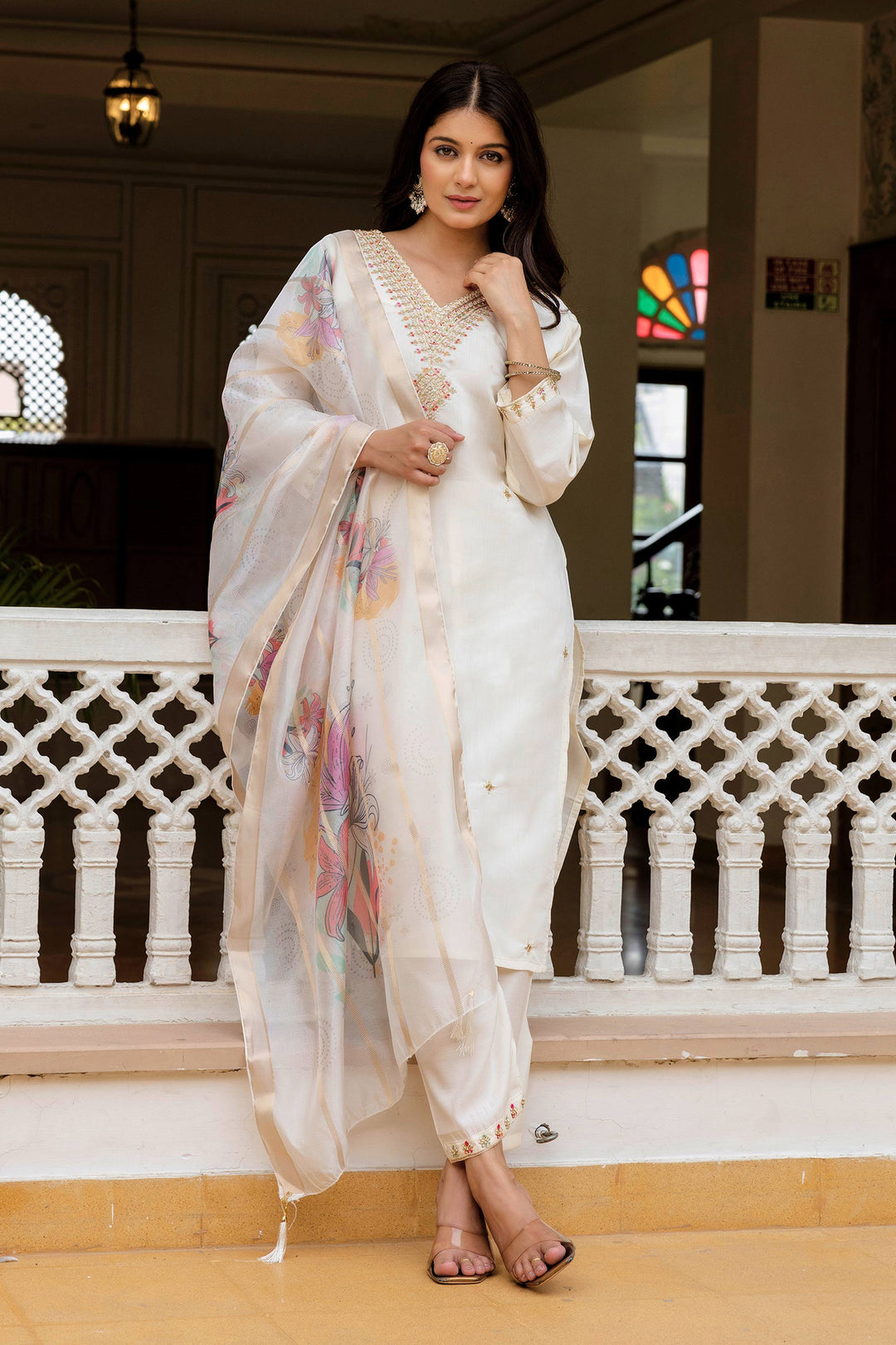 Viscose Embroidered Off White Festive Wear Readymade Salwar Suit | Buy Online India