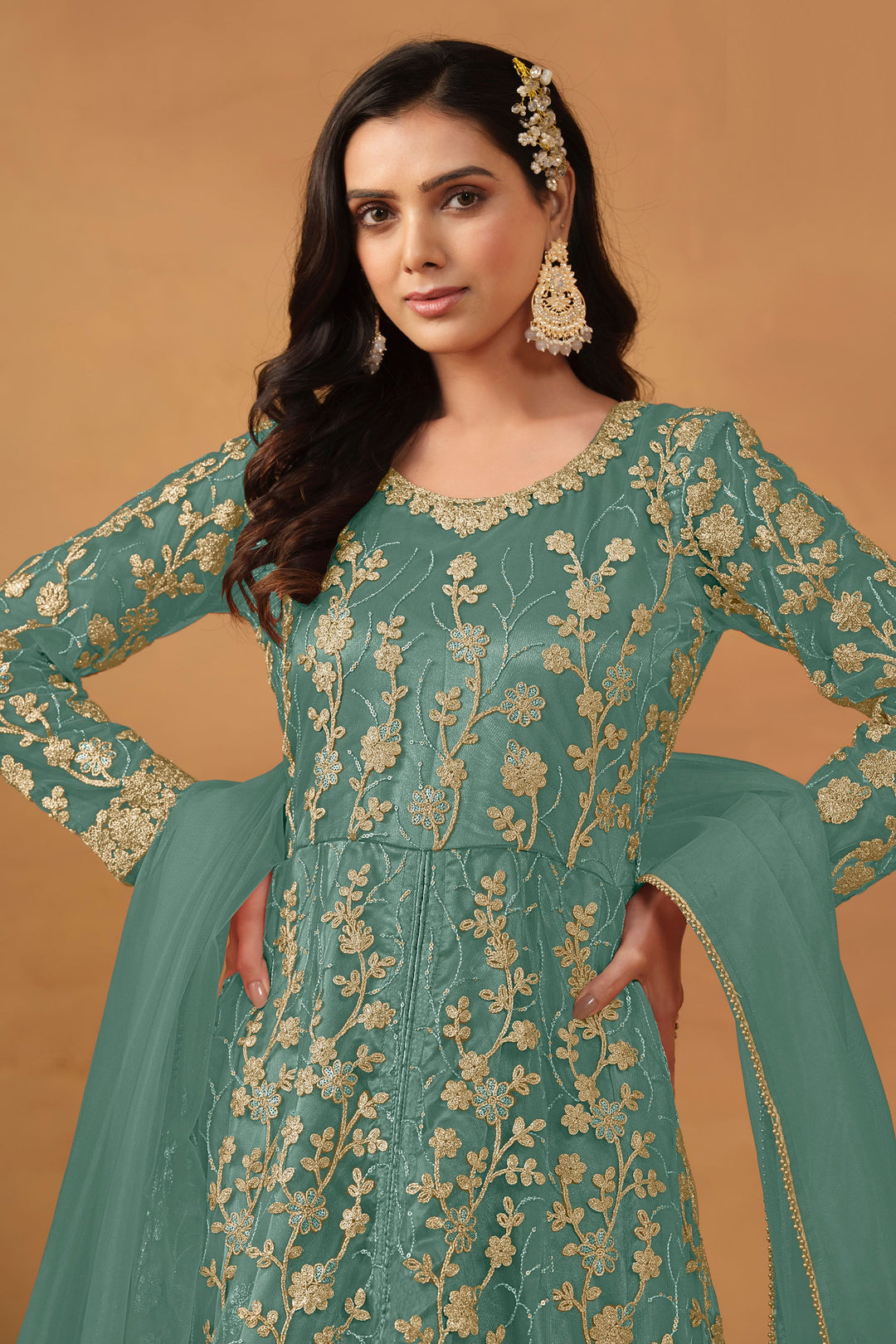 Sea Green Color Net Fabric Embroidered Vintage Anarkali Suit