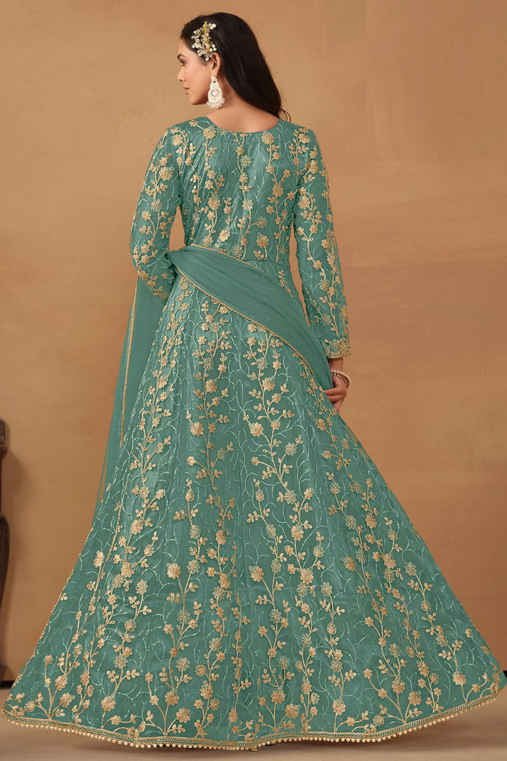 Sea Green Color Net Fabric Embroidered Vintage Anarkali Suit