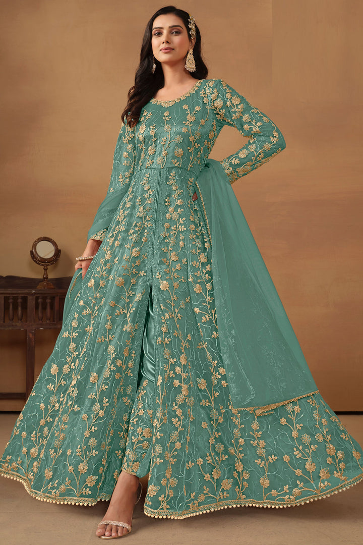 Sea Green Color Net Fabric Embroidered Vintage Anarkali Suit
