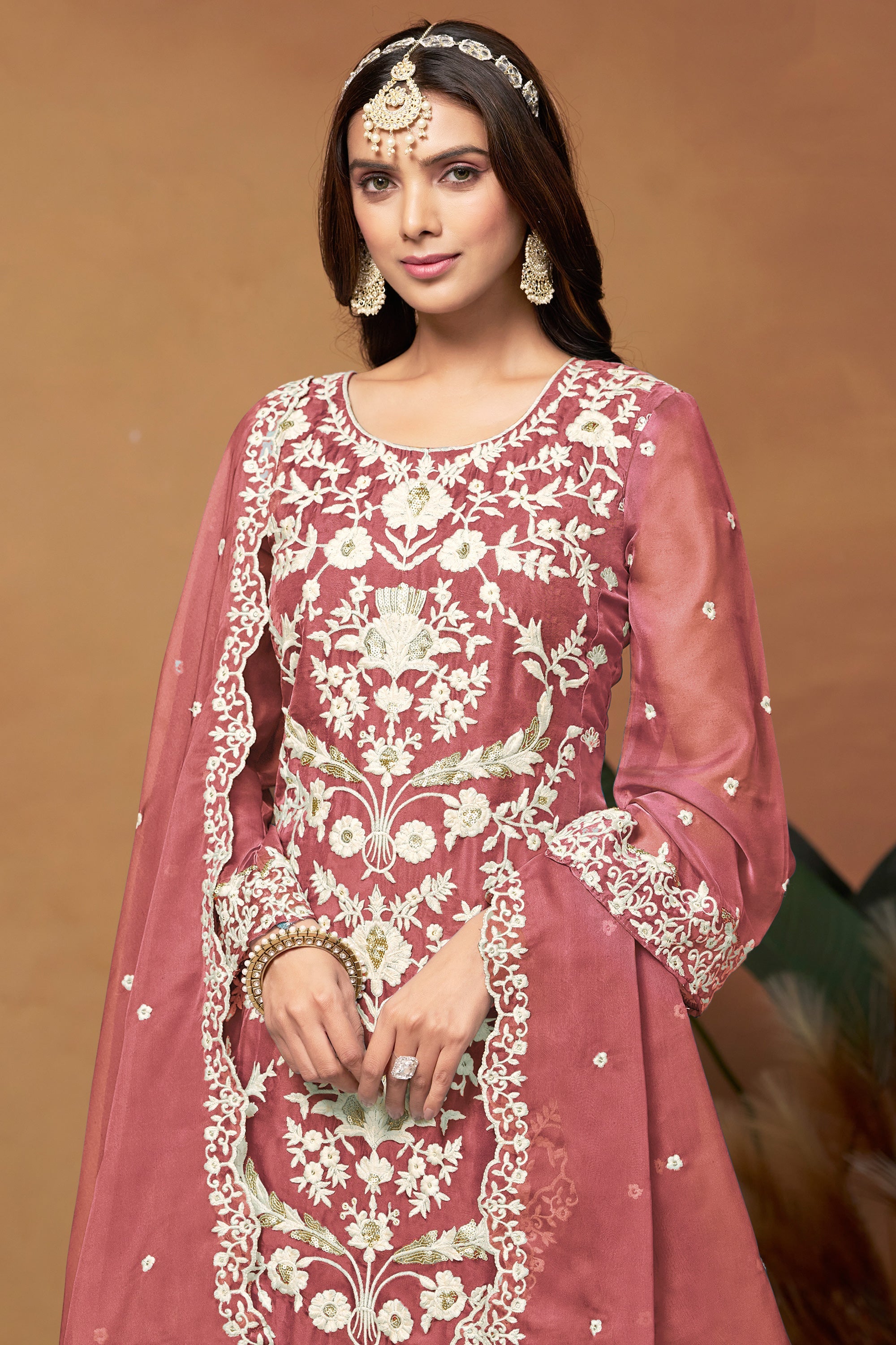 Classic Peach Color Function Wear Salwar Suit In Organza Fabric