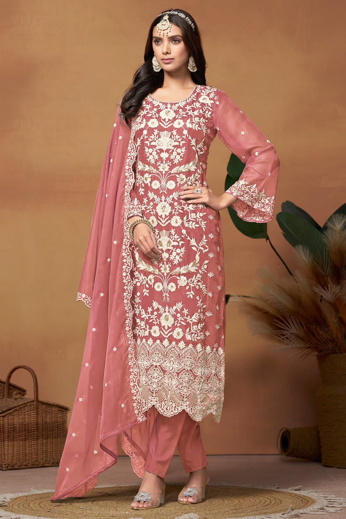 Classic Peach Color Function Wear Salwar Suit In Organza Fabric